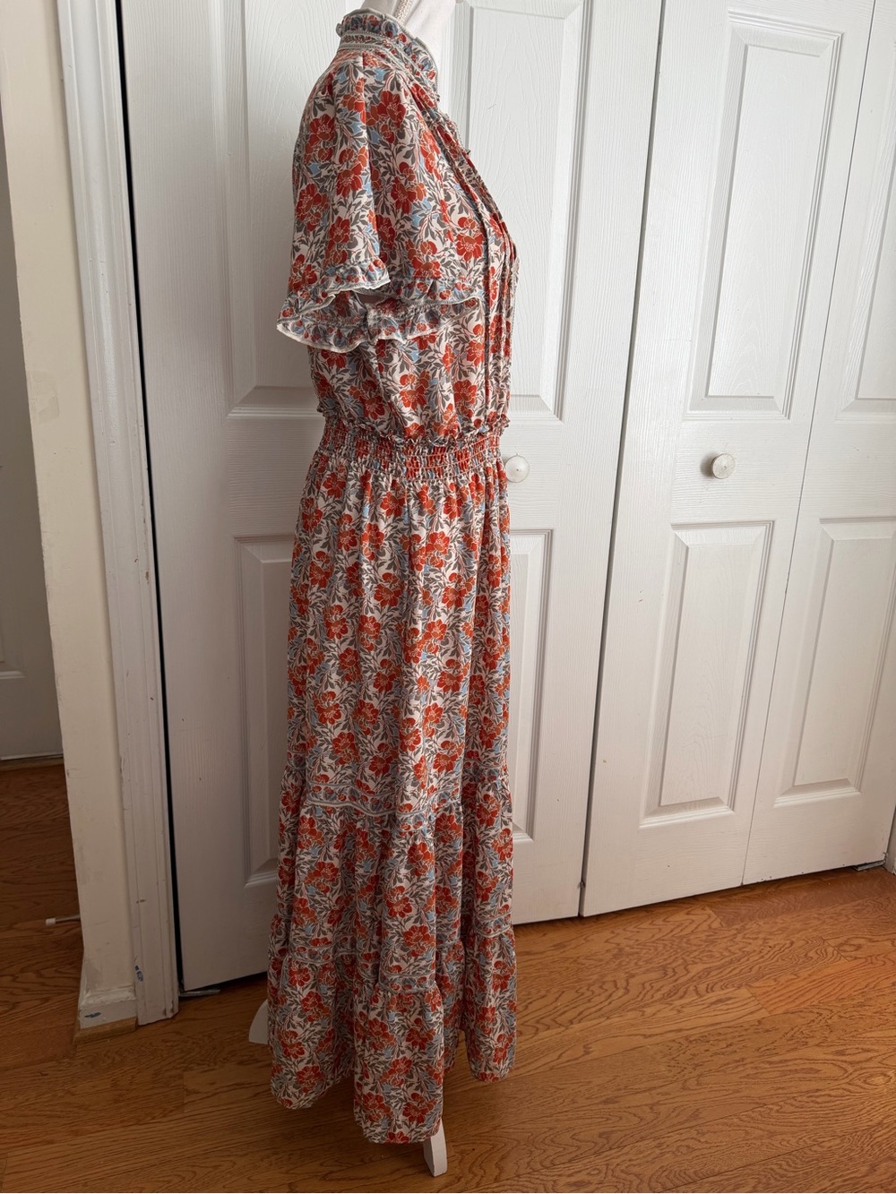 Max Studio Orange Cream Floral Maxi Dress Size XL Boho Ruffle V-Neck Peasant EUC - Picture 3 of 7